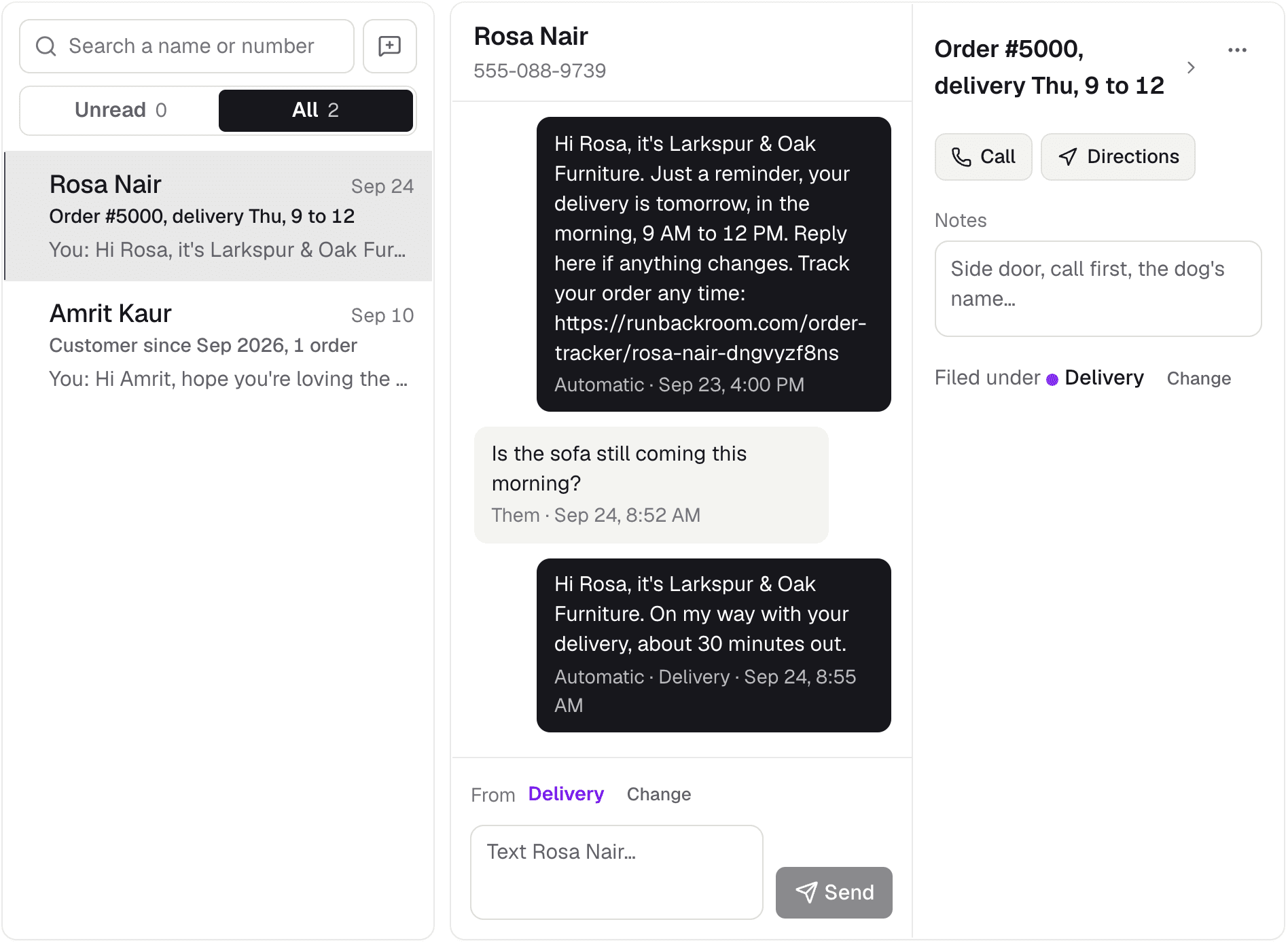 Messages in Backroom: Rosa asks if the sofa is still coming this morning, and the on my way text answers her, with her order beside the conversation
