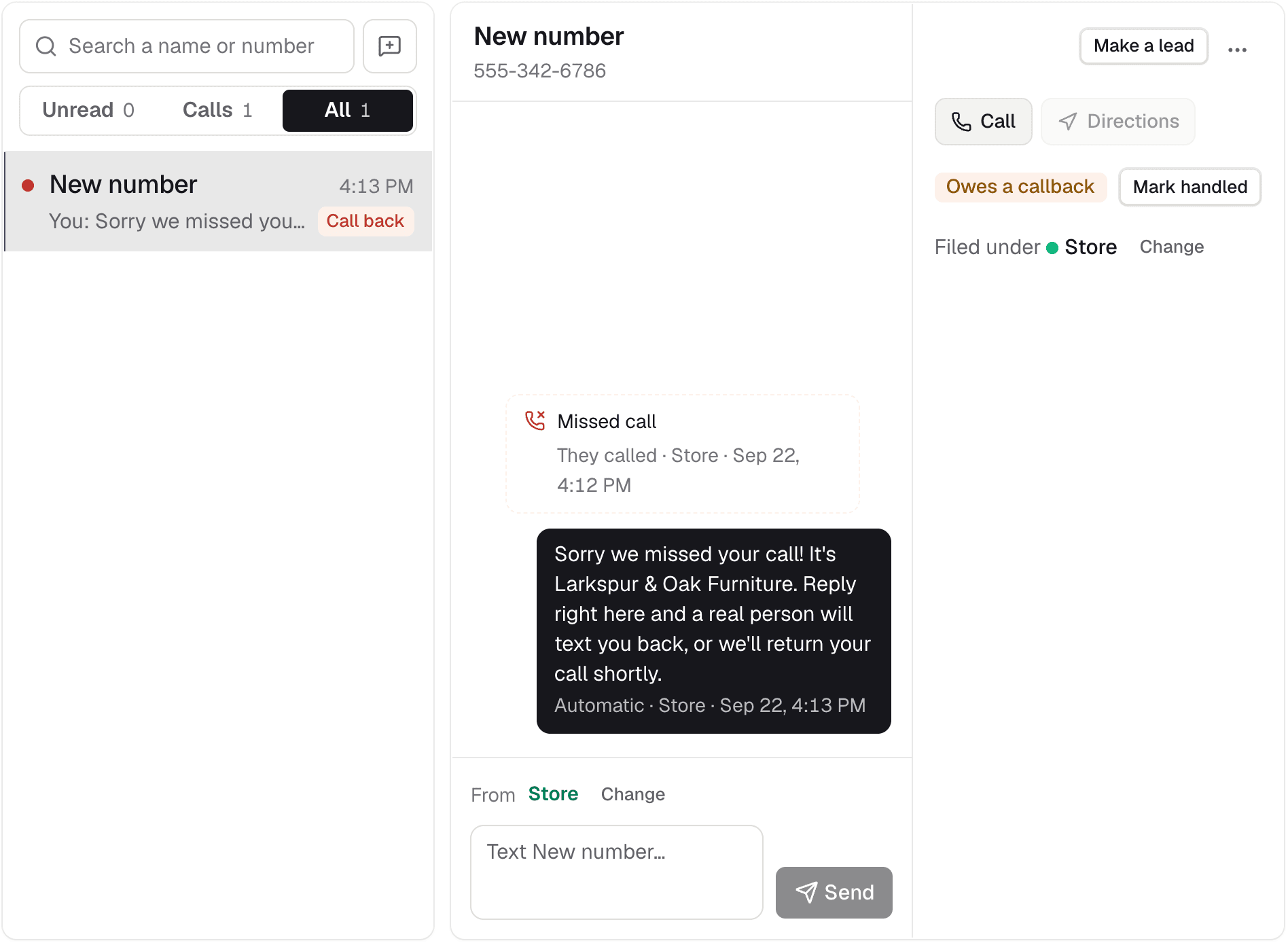 Messages in Backroom: a missed call, and the text back a minute later, marked as owing a callback