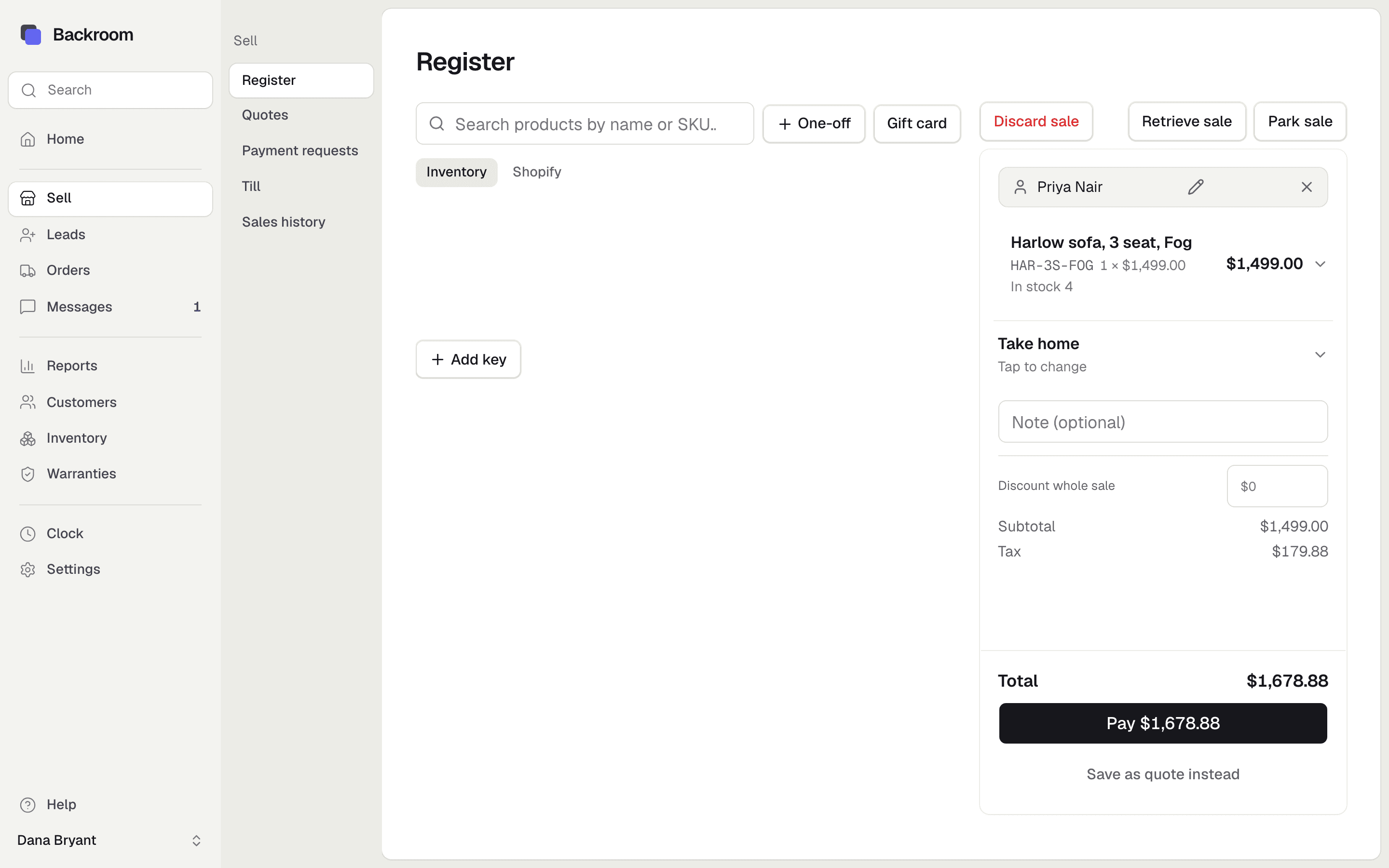 The register: a sofa on the ticket, the customer attached, and Pay $1,678.88