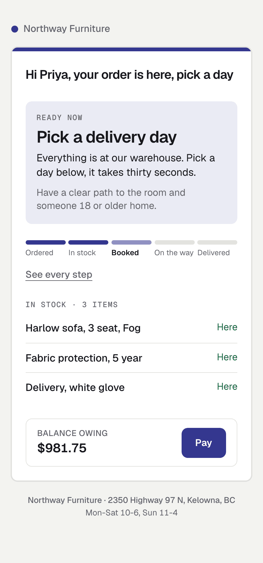 The customer's own page: pick a delivery day, the order's progress, and the balance owing with a Pay button